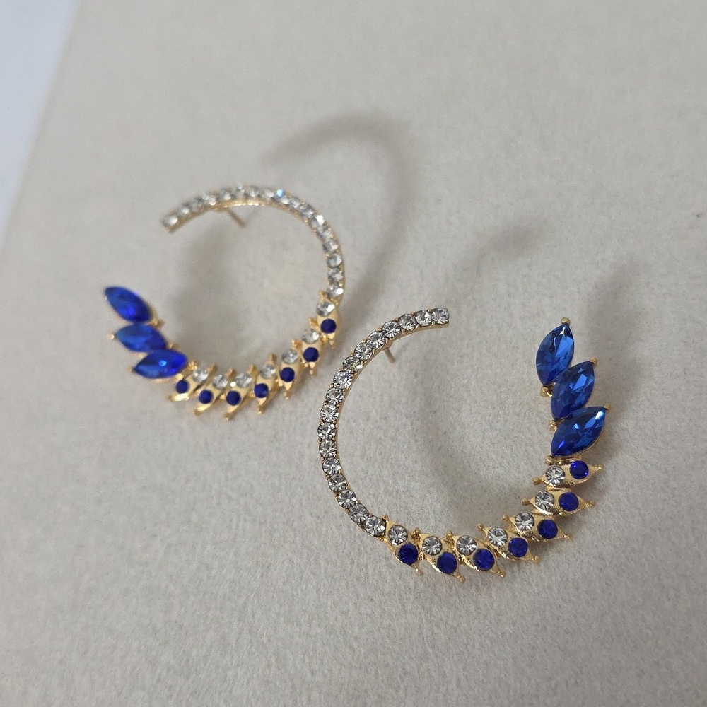 Elegant Cobalt Blue Crystal Round Open Hoop Statement  Earrings